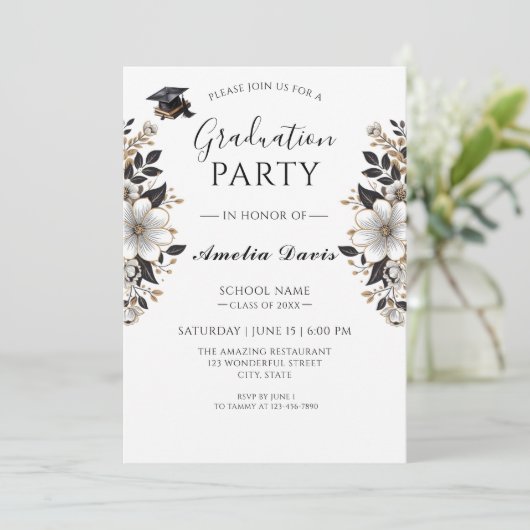 Black & Gold Afstuderen Uitnodiging (Staand voorkant)