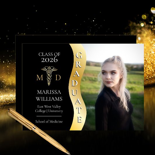 Black |Gold Afstuderen Wave Caduceus MD Medical Af Aankondiging