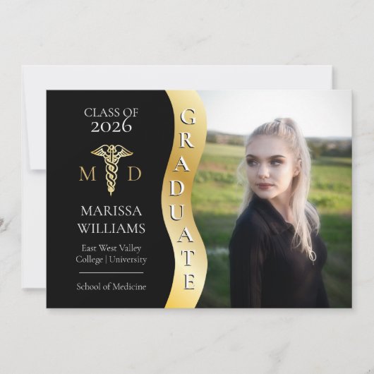 Black |Gold Afstuderen Wave Caduceus MD Medical Af Aankondiging (Voorkant)