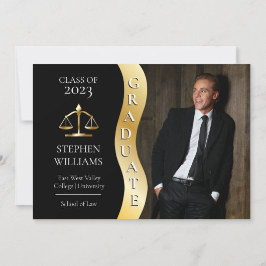 Black | Gold Afstuderen Wave Law Justice Afstudeer Aankondiging (Voorkant)