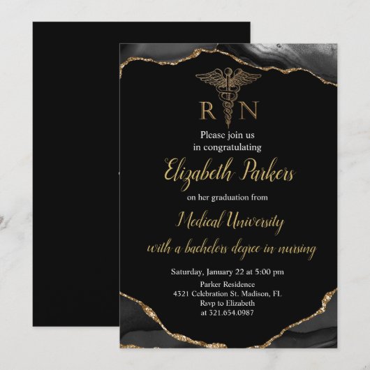 Black & Gold Agaat Verpleegkundig Afstudeerfeest Kaart (Voorkant / Achterkant)
