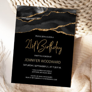 Black Gold Agate 21st Birthday Party Invitation Briefkaart