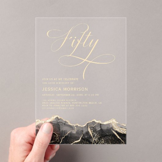 Black Gold Agate 50e Vijftig Verjaardagsfeest Acryl Uitnodigingen (Insitu (Draagbaar))
