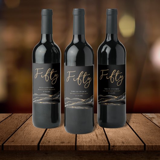 Black Gold Agate 50th Birthday Party Wine Label Wijn Etiket