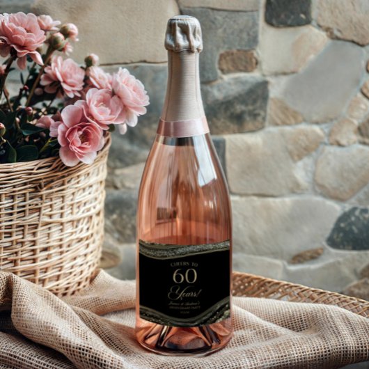 Black Gold Agate 60th Wedding Anniversary Party Sparkling Wijnetiket