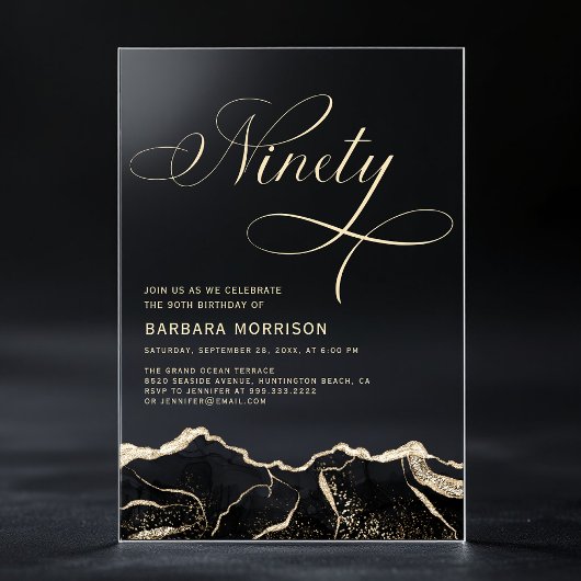 Black Gold Agate 90ste verjaardagsfeestje Acryl Uitnodigingen