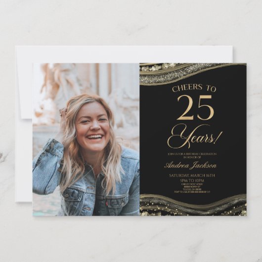 Black Gold Agate Afbeelding 25e verjaardagsfeestje Kaart (Voorkant)
