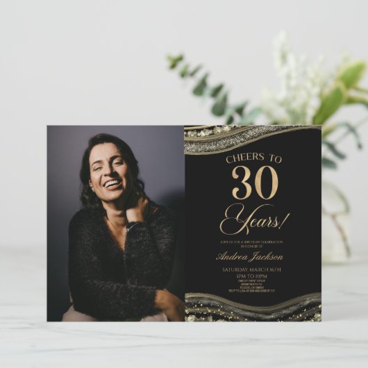Black Gold Agate Afbeelding 30e verjaardagsfeestje Kaart (Staand voorkant)