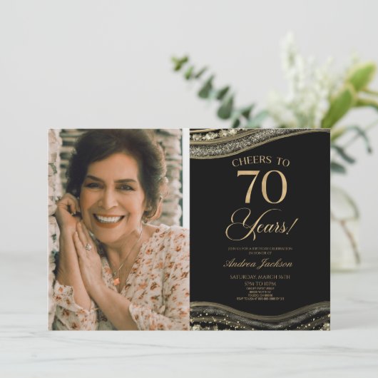 Black Gold Agate Afbeelding 70e verjaardagsfeestje Kaart (Staand voorkant)
