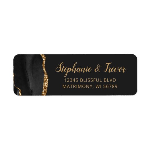 Black Gold Agate Brush Weduwingadres Etiket (Voorkant)