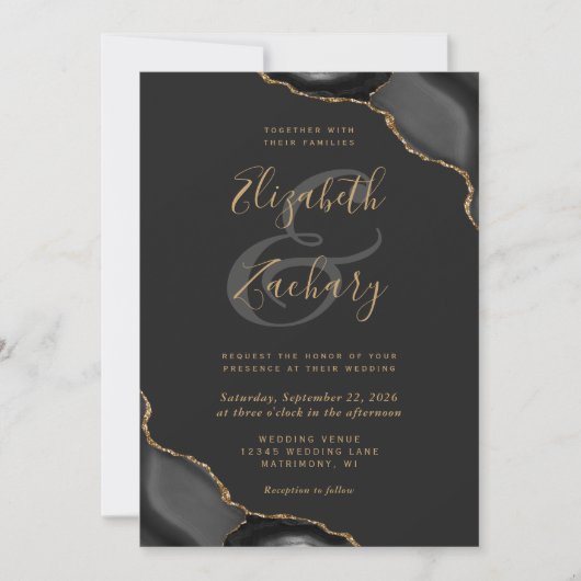 Black Gold Agate Corners Dark Wedding Kaart (Voorkant)