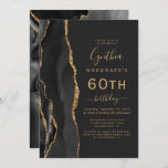 Black Gold Agate Dark 60th Birthday Party Kaart<br><div class="desc">De linkerrand van deze elegante, moderne verjaardagsfeestelijke uitnodiging is voorzien van een zwarte waterverf aan de rand van de afgrond, die met faux goudglitter is bedekt. De aanpasbare tekst combineert goudkleurige handschrift-, copperplate- en cursieve lettertypen op een zwarte leisteenachtergrond. De achterzijde is voorzien van een bijpassend zwart en goudvormig ontwerp....</div>