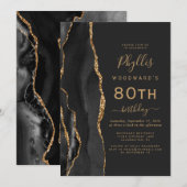 Black Gold Agate Dark 80th Birthday Party Kaart (Voorkant / Achterkant)