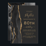Black Gold Agate Dark 80th Birthday Party Kaart<br><div class="desc">De linkerrand van deze elegante, moderne verjaardagsfeestelijke uitnodiging is voorzien van een zwarte waterverf aan de rand van de afgrond, die met faux goudglitter is bedekt. De aanpasbare tekst combineert goudkleurige handschrift-, copperplate- en cursieve lettertypen op een zwarte leisteenachtergrond. De achterzijde is voorzien van een bijpassend zwart en goudvormig ontwerp....</div>