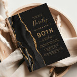 Black Gold Agate Dark 90th Birthday Party Kaart<br><div class="desc">De linkerrand van deze elegante, moderne verjaardagsfeestelijke uitnodiging is voorzien van een zwarte waterverf aan de rand van de afgrond, die met faux goudglitter is bedekt. De aanpasbare tekst combineert goudkleurige handschrift-, copperplate- en cursieve lettertypen op een zwarte leisteenachtergrond. De achterzijde is voorzien van een bijpassend zwart en goudvormig ontwerp....</div>