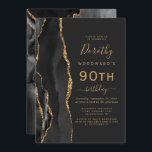 Black Gold Agate Dark 90th Birthday Party Kaart<br><div class="desc">De linkerrand van deze elegante, moderne verjaardagsfeestelijke uitnodiging is voorzien van een zwarte waterverf aan de rand van de afgrond, die met faux goudglitter is bedekt. De aanpasbare tekst combineert goudkleurige handschrift-, copperplate- en cursieve lettertypen op een zwarte leisteenachtergrond. De achterzijde is voorzien van een bijpassend zwart en goudvormig ontwerp....</div>