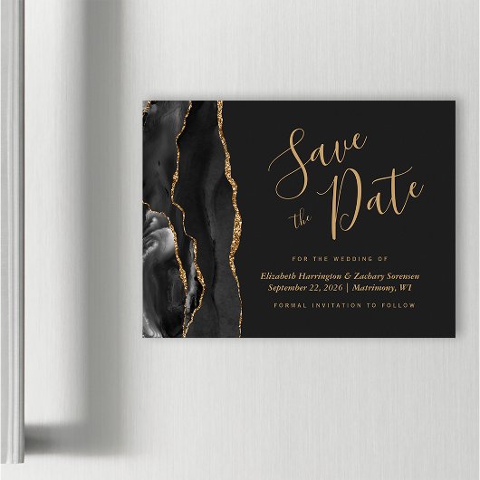 Black Gold Agate Dark Wedding Save the Date Magnet