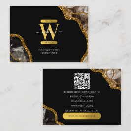 Black Gold Agate Geode Glitter Monogram QR Code Visitekaartje