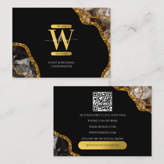Black Gold Agate Geode Glitter Monogram QR Code Visitekaartje (Voorkant / Achterkant)
