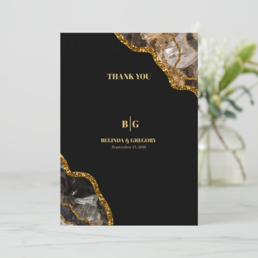 Black & Gold Agate Geode Glitter Weddenschap Harte Bedankkaart (Staand voorkant)