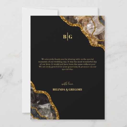 Black & Gold Agate Geode Glitter Weddenschap Harte Bedankkaart (Achterkant)