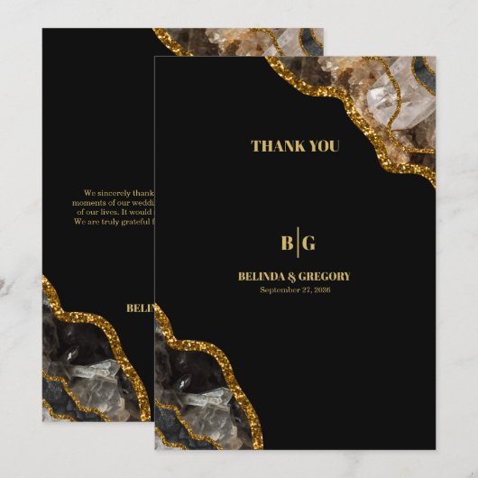 Black & Gold Agate Geode Glitter Weddenschap Harte Bedankkaart (Voorkant / Achterkant)