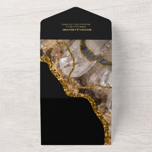 Black & Gold Agate Geode Glitter Wedding All In One Uitnodiging (Buitenkant)