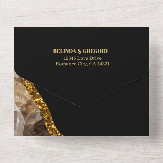 Black & Gold Agate Geode Glitter Wedding All In One Uitnodiging (Achterkant)