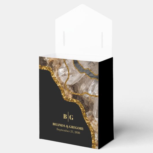 Black & Gold Agate Geode Glitter Wedding Bedankdoosjes (Geopend)