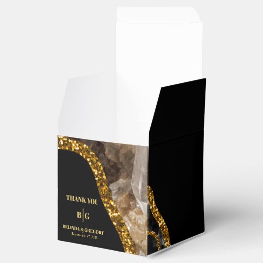 Black & Gold Agate Geode Glitter Wedding Bedankdoosjes (Geopend)
