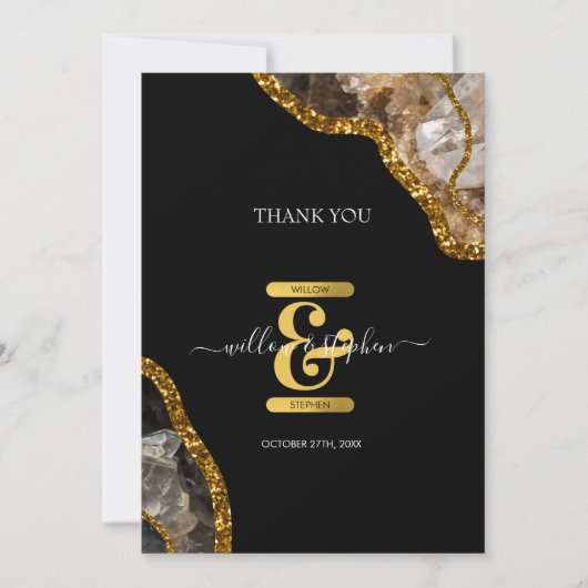 Black & Gold Agate Geode Glitter Wedding Bedankkaart (Voorkant)