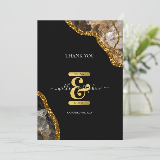 Black & Gold Agate Geode Glitter Wedding Bedankkaart (Staand voorkant)