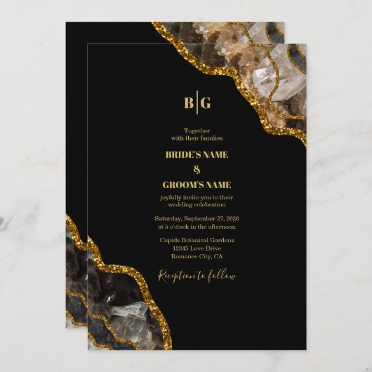 Black & Gold Agate Geode Glitter Wedding Kaart (Voorkant / Achterkant)