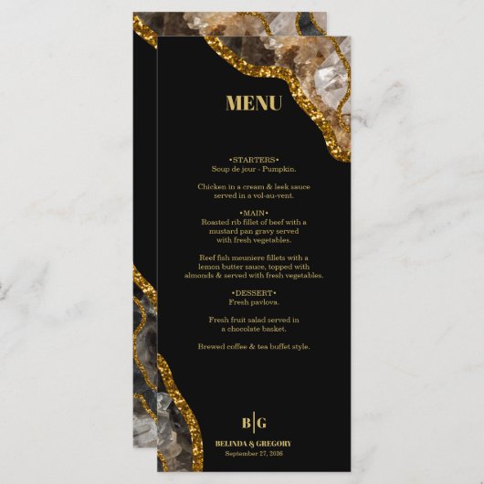 Black & Gold Agate Geode Glitter Wedding Menu (Voorkant / Achterkant)