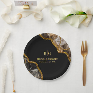 Black & Gold Agate Geode Glitter Wedding Papieren Bordje