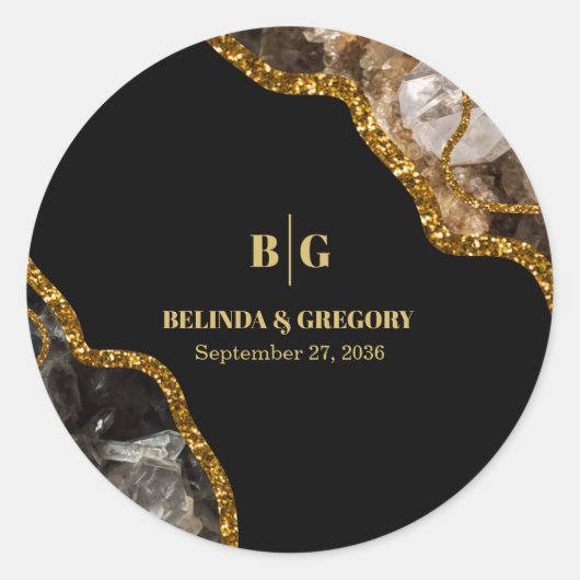 Black & Gold Agate Geode Glitter Wedding Ronde Sticker (Voorkant)