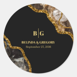 Black & Gold Agate Geode Glitter Wedding Ronde Sticker