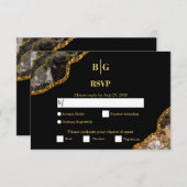 Black & Gold Agate Geode Glitter Wedding RSVP Kaartje (Voorkant / Achterkant)