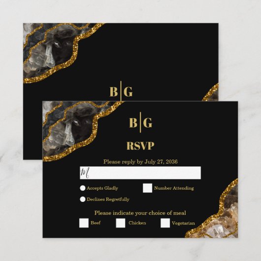 Black & Gold Agate Geode Glitter Wedding RSVP Kaartje (Voorkant / Achterkant)