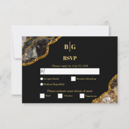 Black & Gold Agate Geode Glitter Wedding RSVP Kaartje