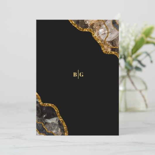 Black & Gold Agate Geode Glitter Wedding Save The Date (Staand voorkant)