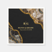 Black & Gold Agate Geode Glitter Wedding Servet (Voorkant)