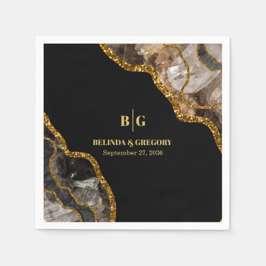 Black & Gold Agate Geode Glitter Wedding Servet (Voorkant)