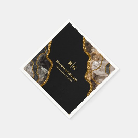Black & Gold Agate Geode Glitter Wedding Servet (Hoek)