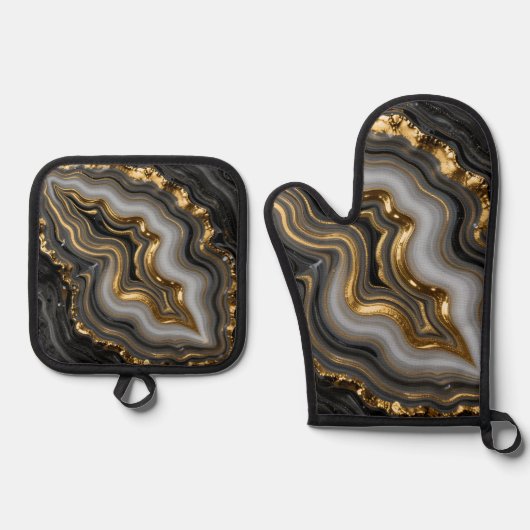 Black Gold Agate Geode Luxury Marble Ovenwant & Pannenlap Set (Voorkant)