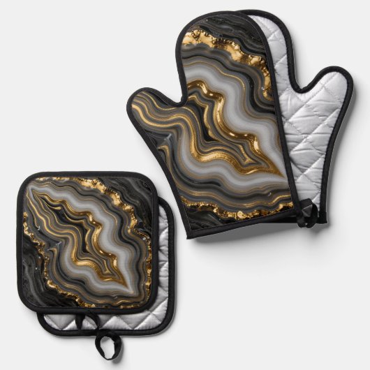 Black Gold Agate Geode Luxury Marble Ovenwant & Pannenlap Set (Voorkant / Achterkant)