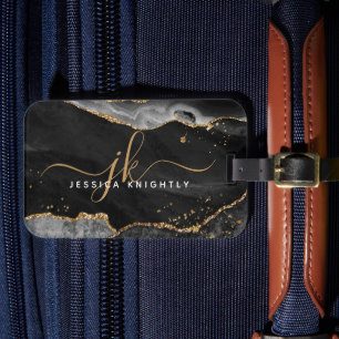 Black Gold Agate Geode Script Initialen Monogram Bagagelabel
