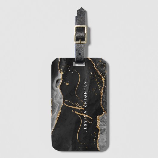 Black Gold Agate Geode Script Initialen Monogram Bagagelabel (Voorkant (verticaal))