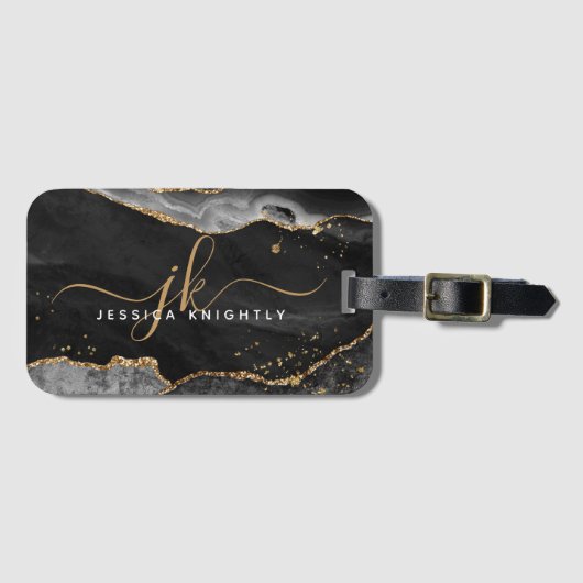 Black Gold Agate Geode Script Initialen Monogram Bagagelabel (Voorkant (horizontaal))