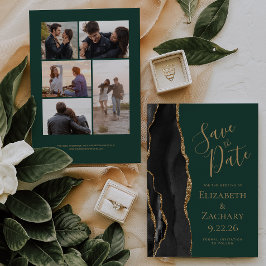 Black Gold Agate Green 5-Foto Save the Date Kaart